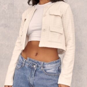 PLT Women's Cream Textured Tweed Slightly Cropped Blazer